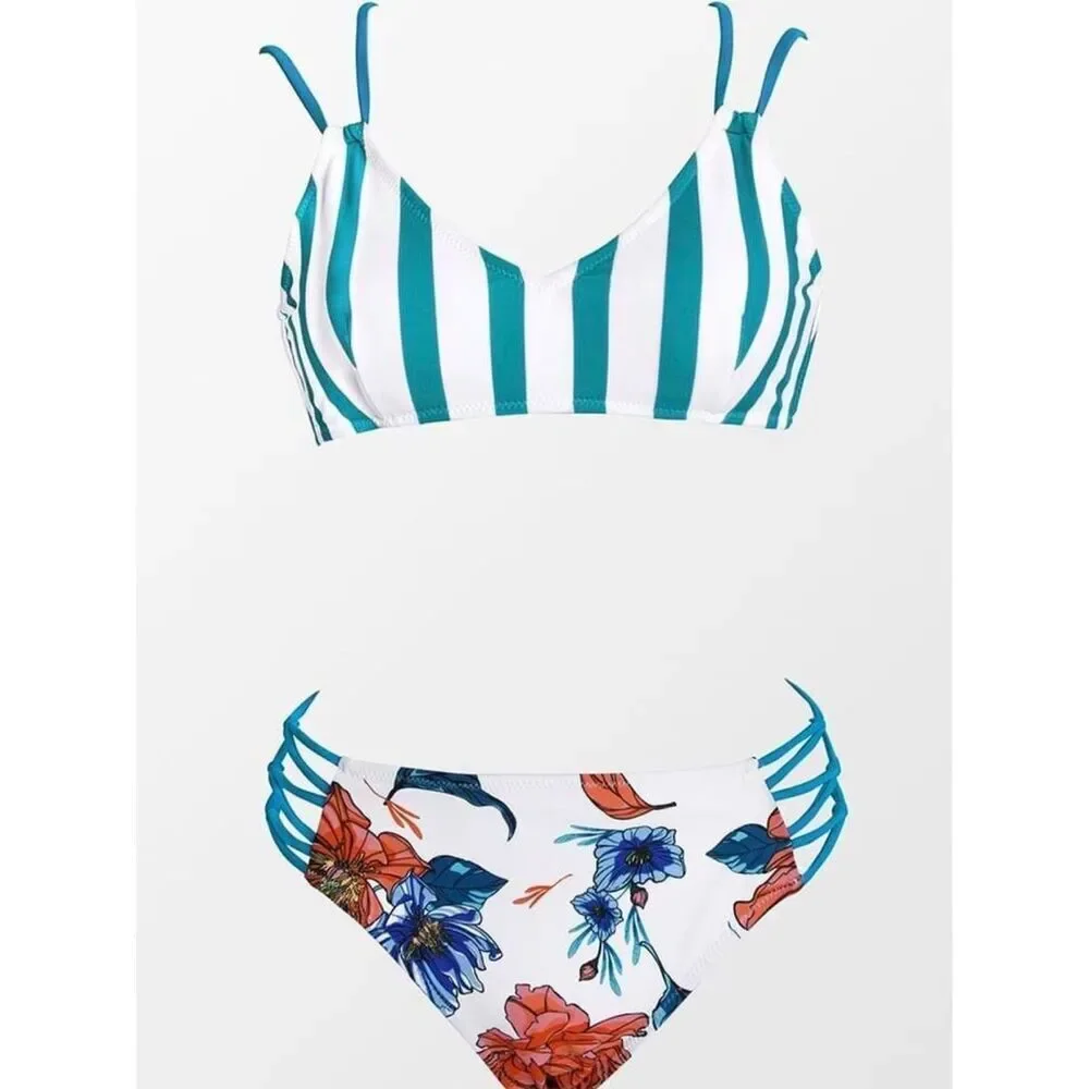 CUPSHE Stripe and Floral Strappy Bikini | Women’s Large | New With Tags